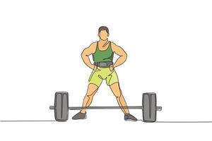One continuous line drawing of young bodybuilder man doing exercise with a heavy weight bar in gym. Powerlifter train weightlifting concept. Dynamic single line draw design vector illustration graphic