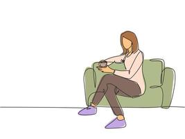 Single continuous line drawing of young female worker get relax by sitting on the sofa while holding a cup of coffee drink. Drinking tea concept one line draw graphic design vector illustration