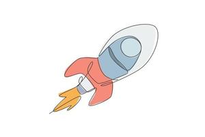 One continuous line drawing of simple retro spacecraft flying up to the outer space nebula. Rocket space ship launch into universe concept. Dynamic single line draw graphic design vector illustration