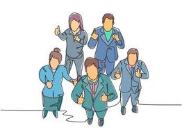 One line drawing of group of businessmen and businesswoman giving thumbs up gesture from top view. Business meeting and teamwork concept. Continuous line draw design vector illustration