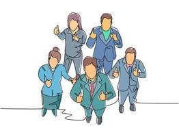 One line drawing of group of businessmen and businesswoman giving thumbs up gesture from top view. Business meeting and teamwork concept. Continuous line draw design vector illustration