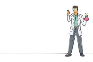 Single one line drawing of scientist stands with gesture okay and holding measuring tube filled with chemical liquid. Success business. Modern continuous line draw design graphic vector illustration