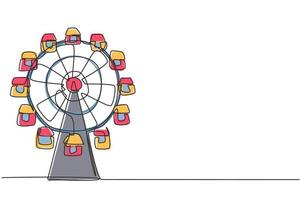 Single one line drawing of a ferirs wheel in an amusement park, a circular circle turning high in the sky. Festival play ride concept. Modern continuous line draw design graphic vector illustration