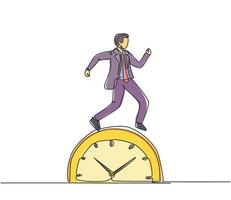 Single continuous line drawing young business man walking on the big analog clock. Minimalism metaphor business deadline concept. Dynamic one line draw graphic design vector illustration