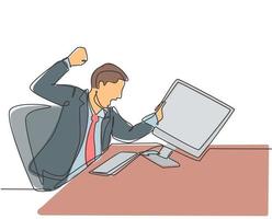 Single continuous line drawing of young frustrated employee ready to punch monitor computer using his fist hand. Work pressure at the office concept one line draw graphic design vector illustration
