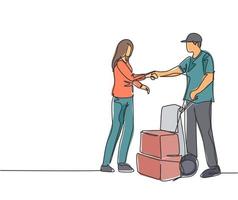 Continuous line drawing of courier delivery man handshaking the customer and hand over a package box. Delivery service excellent concept. One line drawing vector illustration