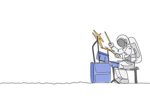 Un dibujo de una sola línea del baterista del astronauta tocando el instrumento musical de la batería en la ilustración de vector de la superficie de la luna. cartel de concierto de música, concepto de astronauta espacial. diseño moderno de dibujo de línea continua