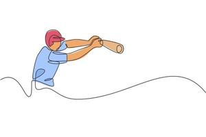 Single continuous line drawing of young agile man baseball player practice to hit the ball. Sport exercise concept. Trendy one line draw design vector illustration graphic for baseball promotion media