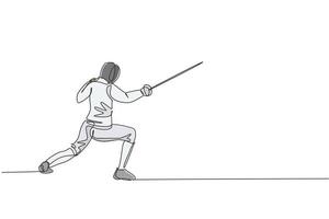 Single continuous line drawing young professional fencer athlete man in fencing mask and rapier. Competitive fighting sport competition concept. Trendy one line draw design vector graphic illustration