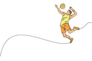 One continuous line drawing of young male professional volleyball player in action jumping spike on court. Healthy competitive team sport concept. Dynamic single line draw design vector illustration