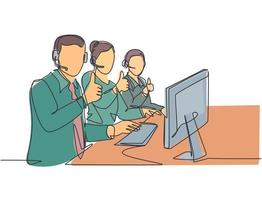 Single line drawing group of young male and female call center workers sitting in front of computer and giving thumbs up gesture. Customer service business concept continuous line draw design vector