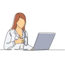 Un dibujo de línea de una joven doctora feliz abre una computadora portátil para escribir un registro médico y da un gesto de pulgar hacia arriba. concepto de servicio de salud. Ilustración de vector de diseño de dibujo de línea continua