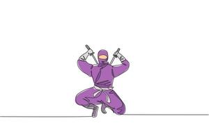 Single continuous line drawing of young Japanese culture ninja warrior on mask costume with attacking stance pose. Martial art fighting samurai concept. Trendy one line draw design vector illustration