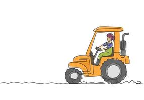 dibujo de una sola línea de una joven agricultora que conduce un tractor para arar los campos. concepto mínimo de desafío agrícola exitoso. Ilustración de vector gráfico de diseño de dibujo de línea continua moderna.