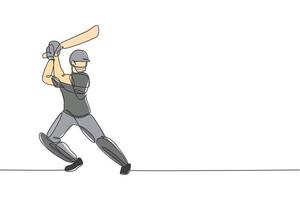 dibujo de una sola línea continua de un joven jugador de críquet ágil de pie y practica para balancear la ilustración del vector de bate. concepto de ejercicio deportivo. diseño moderno de dibujo de una línea para medios de promoción de cricket