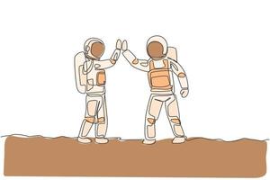 One single line drawing of two young happy astronauts gave high five while meeting on the street in moon surface vector illustration. Cosmonaut outer space concept. Modern continuous line draw design