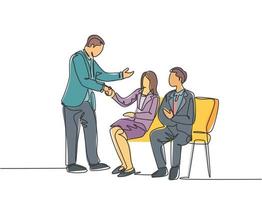 One line drawing of company manager meet and handshaking employee candidates while sitting on chair to take job interview. Modern continuous line draw design vector graphic illustration