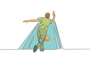 One continuous line drawing of young happy bowling player man throw ball into lane to hit the pin. Healthy sport and lifestyle activity concept. Dynamic single line draw design vector illustration