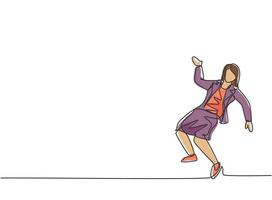 dibujo de línea continua única mujer de negocios joven bailando en la calle. trabajador feliz celebrar su logro. concepto de metáfora del minimalismo. Ilustración de vector de diseño gráfico de dibujo de una línea dinámica