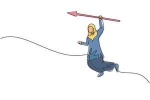 Continuous one line drawing young Arabic female worker jumping high while holding arrow spear. Success business manager minimalist concept. Trendy single line draw design vector graphic illustration