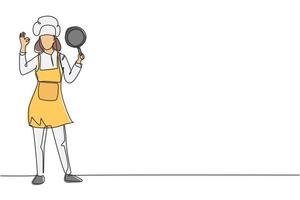 Single one line drawing female chef stands with gesture okay, holding pan and wear apron prepares ingredients to cook the best dishes. Modern continuous line draw design graphic vector illustration