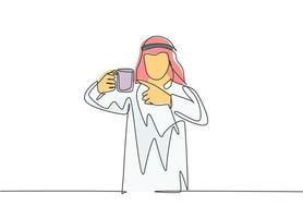 Single continuous line drawing of young muslim office worker pointing finger to mug of coffee. Arab middle east male cloth shmagh, kandura, thawb, robe. One line draw design illustration vector