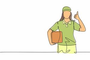 Single one line drawing of delivery lady with a thumbs-up gesture, carrying the package box to be delivered to customers with the best service. Continuous line draw design graphic vector illustration