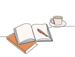 Single continuous line drawing of hand gesture writing on an open book beside a cup of coffee at work desk. Writing draft business concept. Modern one line draw design vector graphic illustration