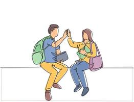 One line drawing of young happy couple man and woman student sitting at chair after the class and giving high five gesture. Relationship concept continuous line draw design vector graphic illustration