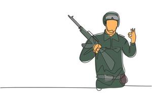 Soldado de dibujo de línea continua única con arma, uniforme completo, gesto bien está listo para defender el país en el campo de batalla contra el enemigo. Ilustración de vector de diseño gráfico de dibujo de una línea dinámica