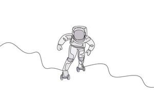 Single continuous line drawing of astronaut exercising on roller skates on moon surface, deep space. Space astronomy galaxy sport concept. Trendy one line draw graphic design vector illustration