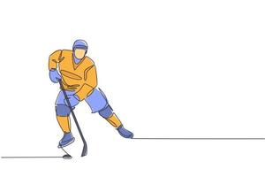 One continuous line drawing of young professional ice hockey player exercising and practicing on ice rink stadium. Healthy extreme sport concept. Dynamic single line draw design vector illustration