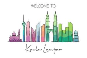 One single line drawing of Kuala Lumpur city skyline, Malaysia. Historical town landscape in the world. Best holiday destination. Editable stroke trendy continuous line draw design vector illustration