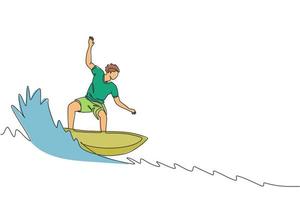 un dibujo de una sola línea de un joven surfista deportivo montado en un barril de grandes olas en la ilustración de vector gráfico del paraíso de la playa de surf. concepto de deporte acuático extremo. diseño moderno de dibujo de línea continua