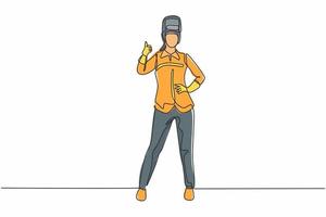 Single one line drawing of female welder stands with a thumbs-up gesture and the face shield is removed ready to work in his iron workshop. Continuous line draw design graphic vector illustration