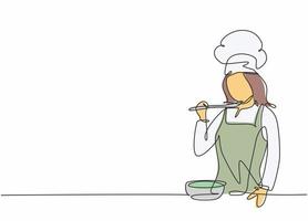 One continuous line drawing of young female chef tasting and smelling soup curry with wooden spoon. Healthy food preparation on commercial kitchen concept single line draw design vector illustration