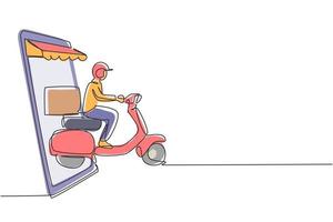 Continuous one line drawing courier riding scooter carrying package box out of giant smartphone screen with canopy. Online delivery service concept. Single line draw design vector graphic illustration