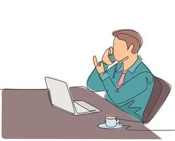 Single continuous line drawing of young male employee receiving call from his boss and told to type on the laptop. Work direction calling concept. One line draw design vector graphic illustration