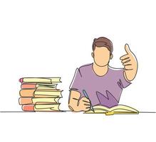 One line drawing of young happy male college student studying and reading stack of books in library while gives thumbs up gesture. Education continuous line draw graphic design vector illustration