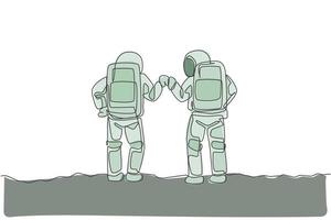 un dibujo de línea continua de dos jóvenes astronautas felices dando un gesto de golpe de puño en la superficie de la luna, vista trasera. concepto de espacio profundo del hombre del espacio. Ilustración gráfica de vector de diseño de dibujo de línea única dinámica