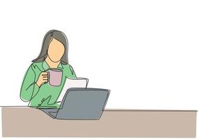 Single continuous line drawing of young female manager reviewing annual report paper while holding a cup of coffee drink. Drinking coffee or tea concept one line draw design vector illustration