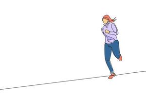 One continuous line drawing of young sporty runner woman wearing hoodie and relax running. Healthy lifestyle and fun jogging sport concept. Dynamic single line draw graphic design vector illustration