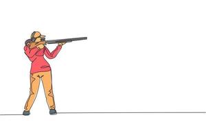 un dibujo de línea continua de una mujer joven en la práctica del campo de entrenamiento de tiro para competir con escopeta de rifle. concepto de deporte de tiro al aire libre. Ilustración de vector de diseño de dibujo de línea única dinámica