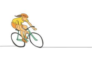 One continuous line drawing young sporty woman bicycle racer pedaling her bike so fast. Road cyclist concept. Dynamic single line draw design vector illustration graphic for cycling competition poster