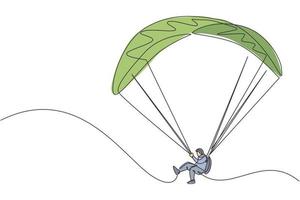 One continuous line drawing of young bravery man flying in the sky using paragliding parachute. Outdoor dangerous extreme sport concept. Dynamic single line draw graphic design vector illustration