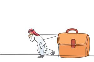 Continuous one line drawing of young Arab businessman pulling the leather briefcase. Business people hard work ethic minimalist concept. Trendy single line draw design vector graphic illustration