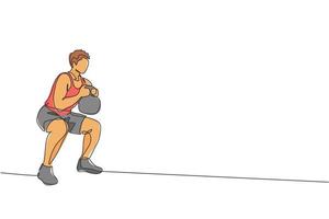 Single continuous line drawing of young sportive man training with kettlebell in sport gymnasium club center. Fitness stretching concept. Trendy one line draw design vector illustration graphic