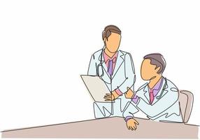 One continuous line drawing of two young doctor discuss and diagnosing patient illness from their x-ray photo result. Hospital health care service concept single line draw design vector illustration