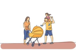 One continuous line drawing of young mother pushing baby stroller at park while father carrying his son on shoulder. Happy family parenting concept. Dynamic single line draw design vector illustration