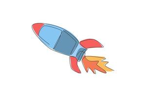 Single continuous line drawing rocket launch fly into the sky universe. Vintage spacecraft rocketship. Simple retro outer space vehicle concept. Trendy one line draw design graphic vector illustration
